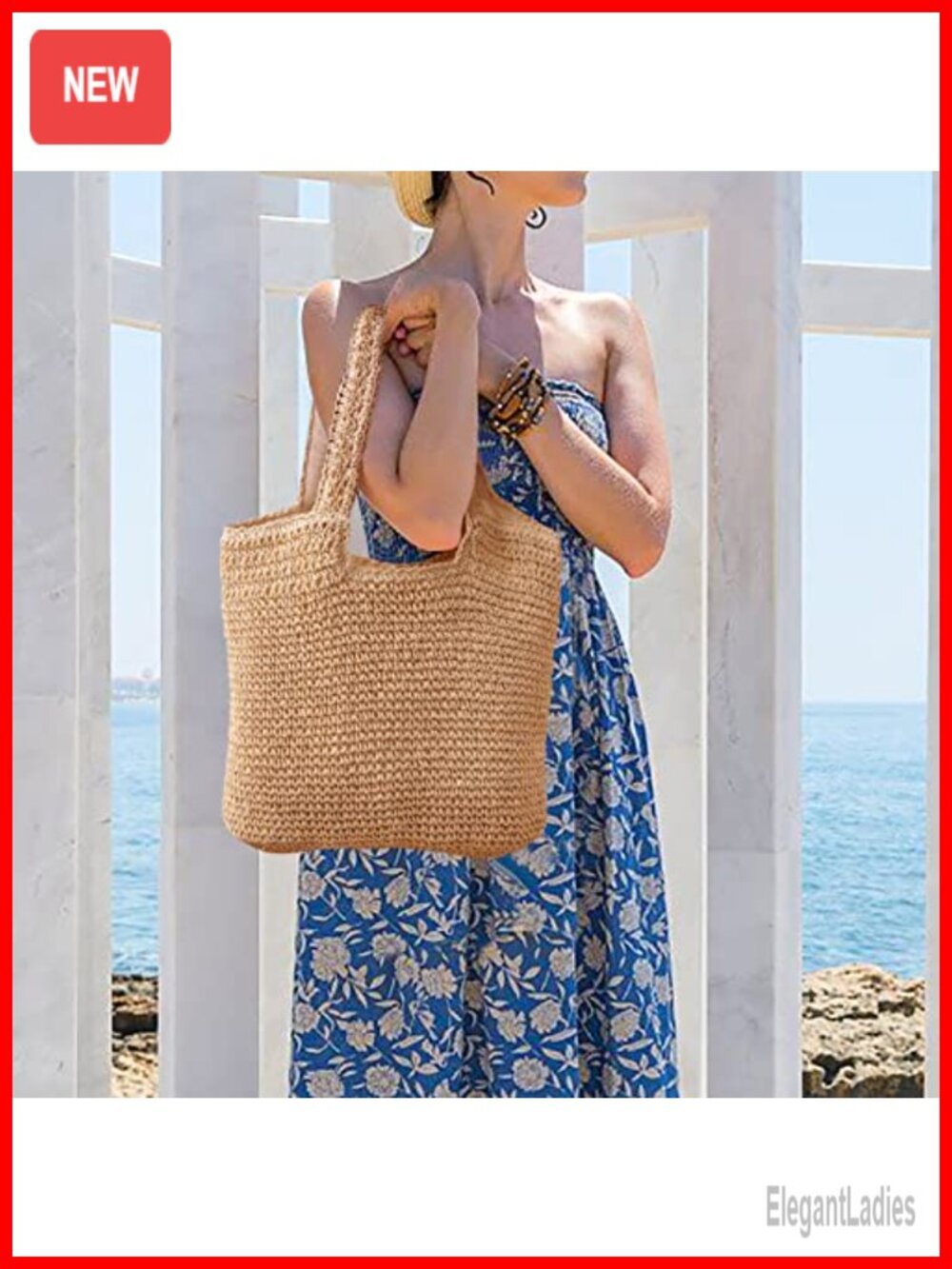 Handwoven Straw Shoulder Bag Large Tote for Beach Travel Summer Vacation - Picture 4 of 6